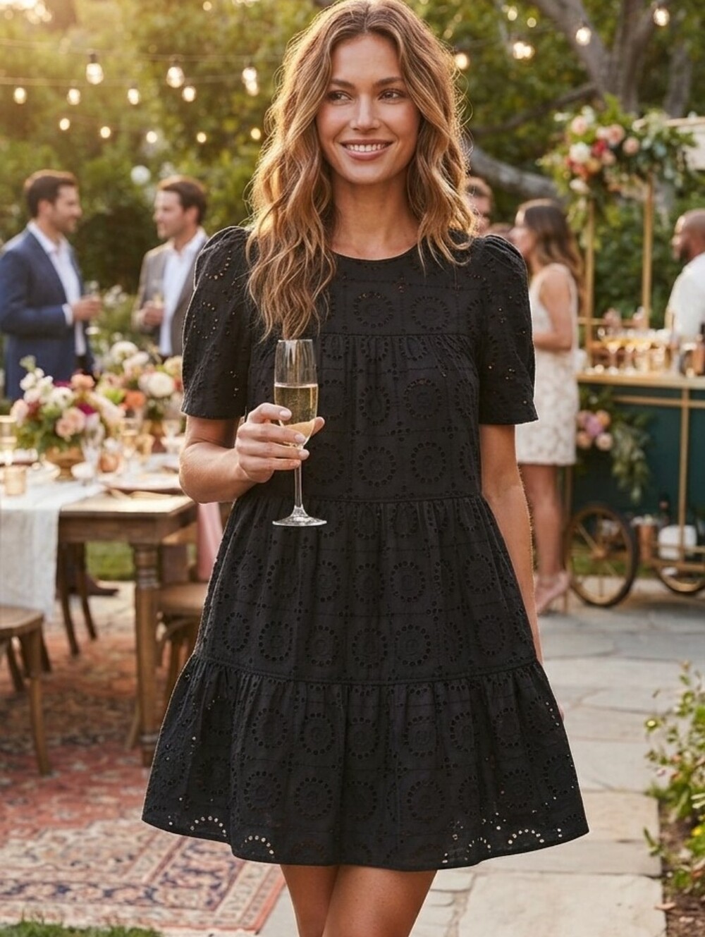STAUD Black Eyelet Tiered Dress S